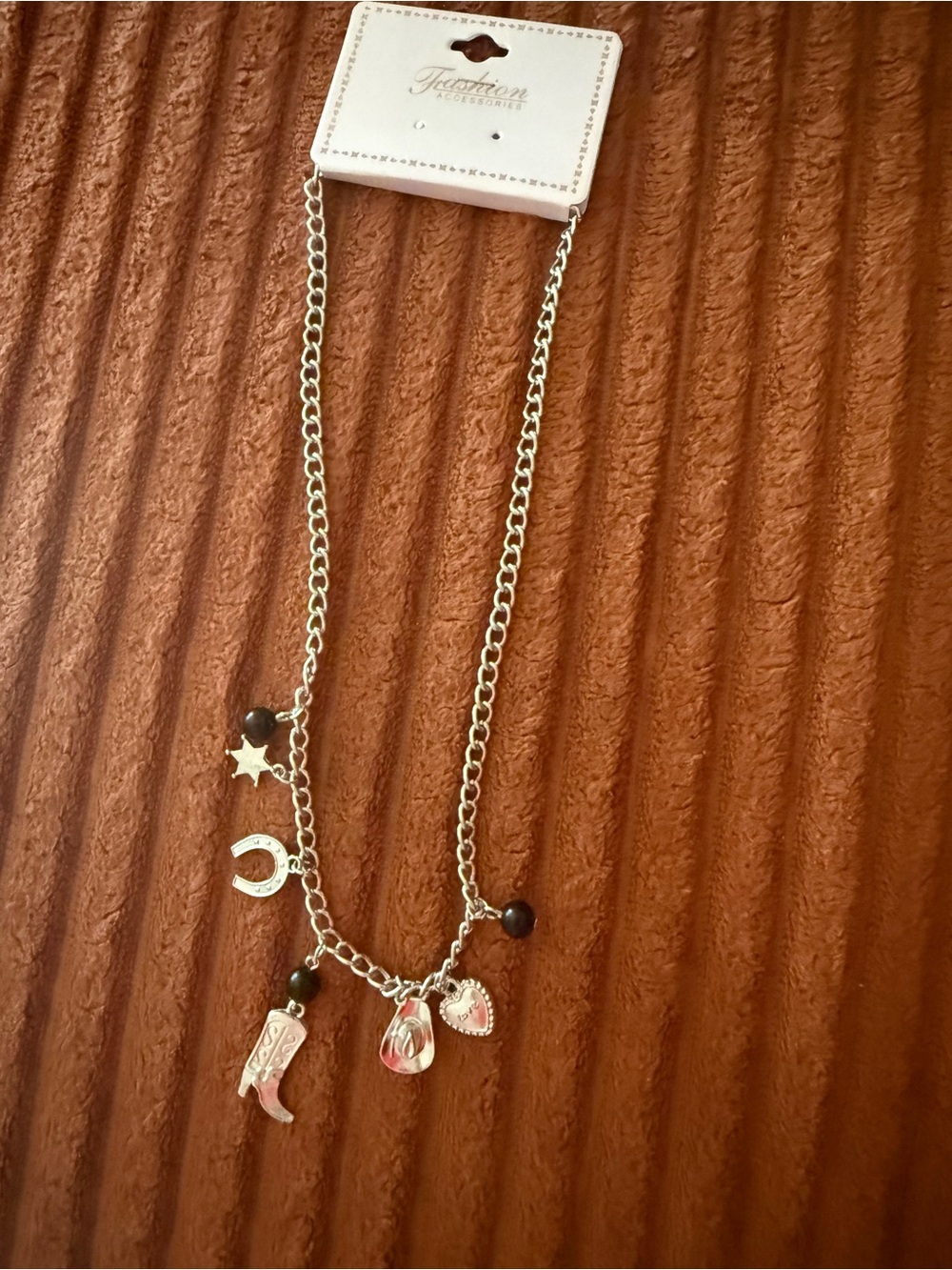 Silver-tone Charm Western theme Necklace with Black Beads